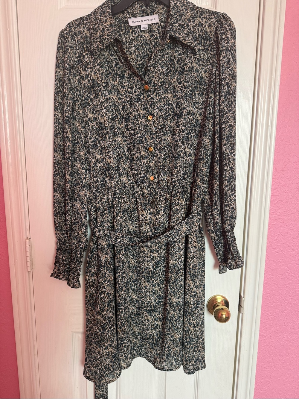 Emma & Michele Green Speckled Long-Sleeve Button Dress